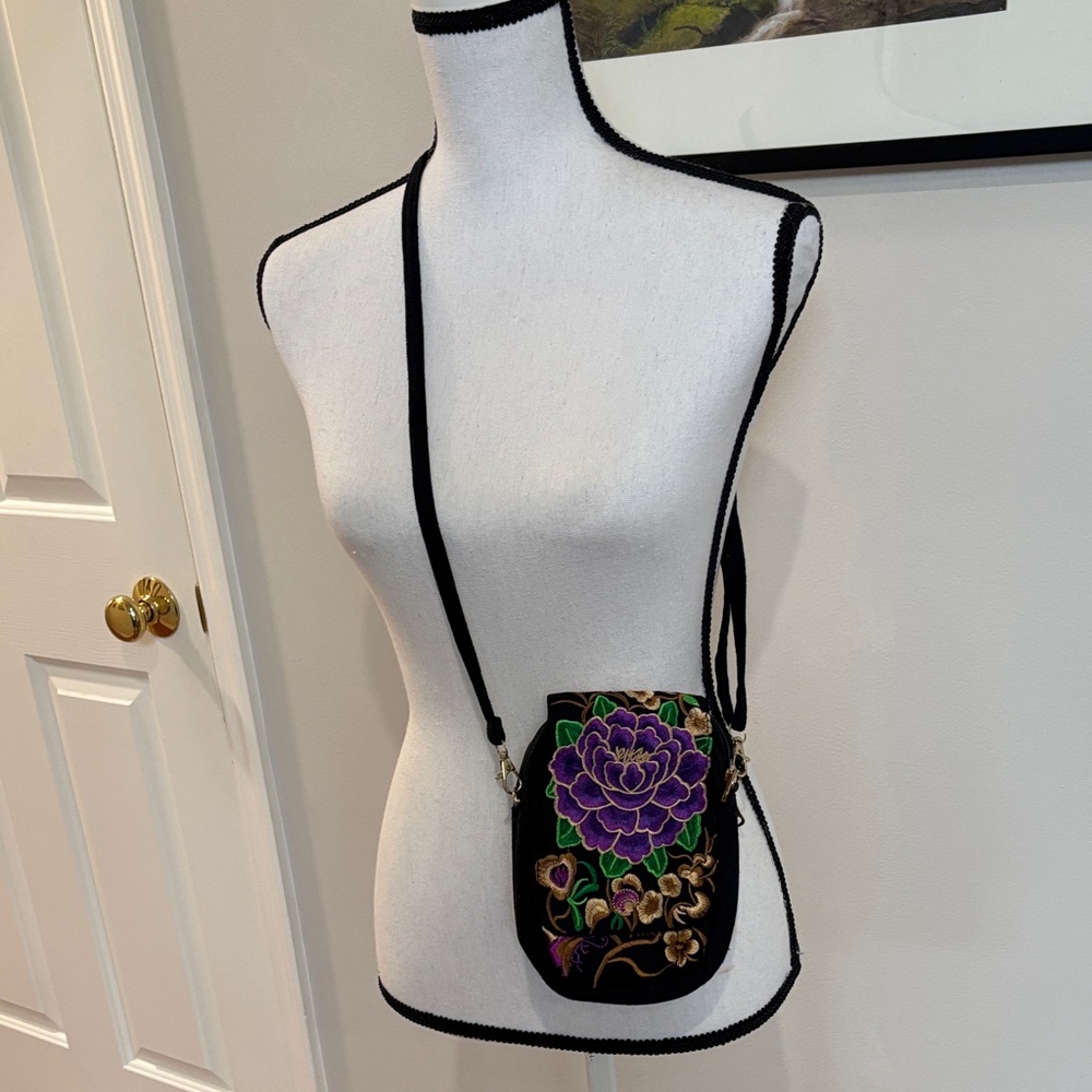 Embroidered Black and Purple Crossbody Bag